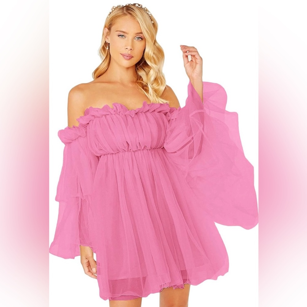 ROMWE Romantic Off Shoulder Flounce Long Sleeve Ruffle Mesh Party Mini Dress